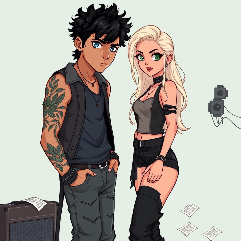 A tall male rock star with captivating blue eyes and light brown skin, featuring nature-themed tattoos that hint at his love for the outdoors