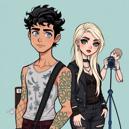 A tall male rock star with captivating blue eyes and light brown skin, featuring nature-themed tattoos that hint at his love for the outdoors