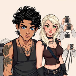 A tall male rock star with captivating blue eyes and light brown skin, featuring nature-themed tattoos that hint at his love for the outdoors