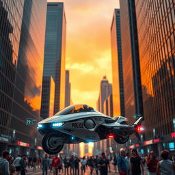 A futuristic police machine navigating through a dense urban environment filled with tall, sleek skyscrapers