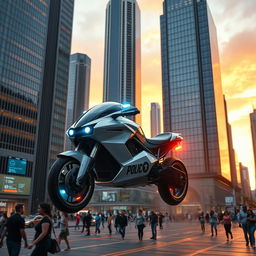 A futuristic police machine navigating through a dense urban environment filled with tall, sleek skyscrapers