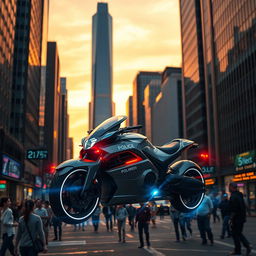 A futuristic police machine navigating through a dense urban environment filled with tall, sleek skyscrapers