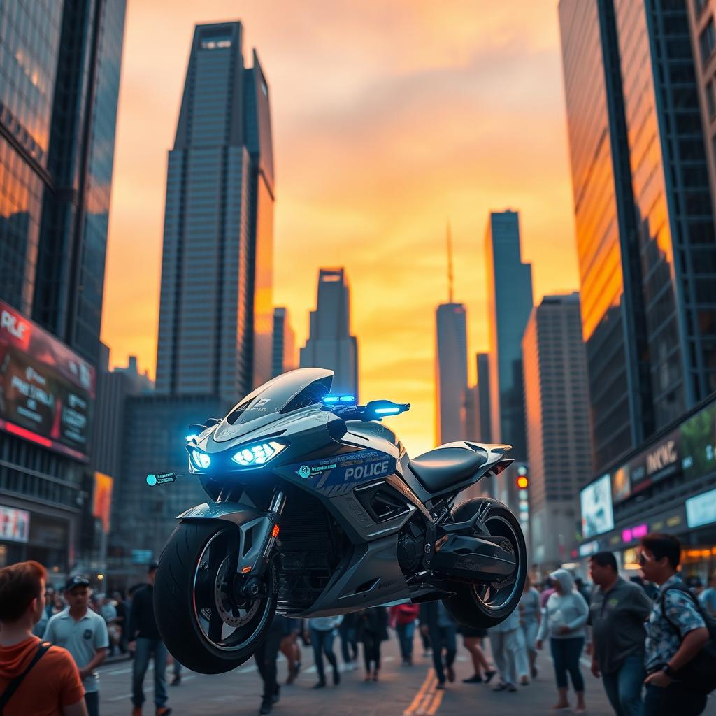 A futuristic police machine navigating through a dense urban environment filled with tall, sleek skyscrapers