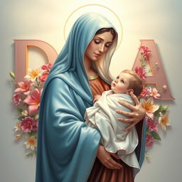 A serene depiction of Holy Mary holding the infant Jesus in her arms, radiating warmth and love