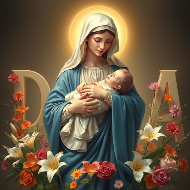 A serene depiction of Holy Mary holding the infant Jesus in her arms, radiating warmth and love