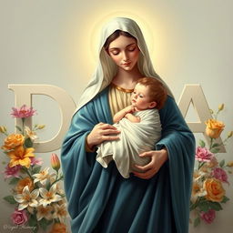 A serene depiction of Holy Mary holding the infant Jesus in her arms, radiating warmth and love