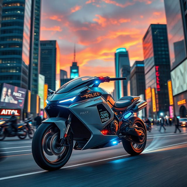 A sleek, futuristic police machine moving through a vibrant urban area, resembling a cross between a drone and a futuristic motorcycle