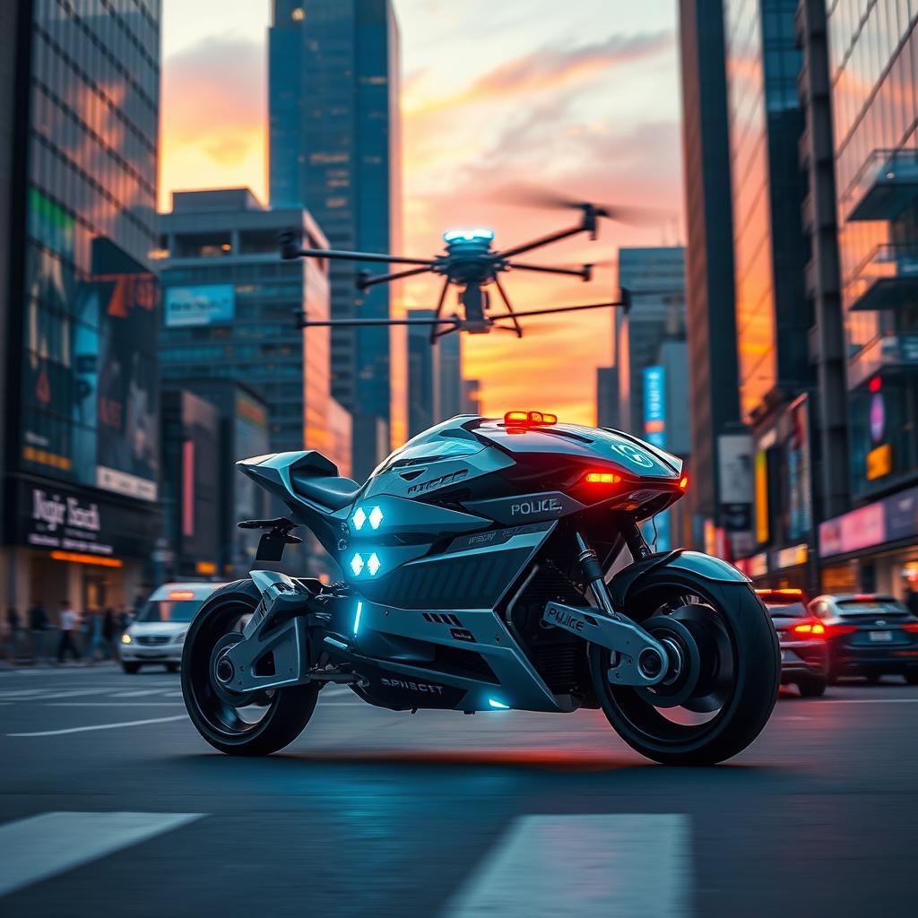 A sleek, futuristic police machine moving through a vibrant urban area, resembling a cross between a drone and a futuristic motorcycle