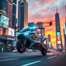A sleek, futuristic police machine moving through a vibrant urban area, resembling a cross between a drone and a futuristic motorcycle