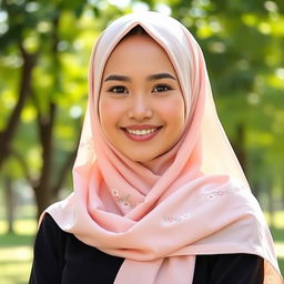 A beautiful young woman wearing a stylish hijab, showcasing a warm smile and glowing complexion