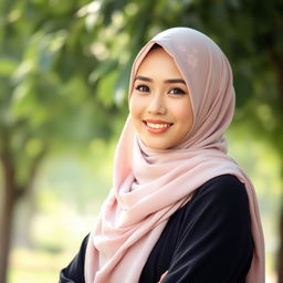 A beautiful young woman wearing a stylish hijab, showcasing a warm smile and glowing complexion