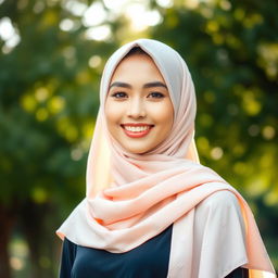 A beautiful young woman wearing a stylish hijab, showcasing a warm smile and glowing complexion