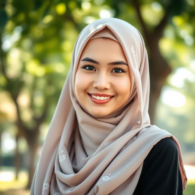 A beautiful young woman wearing a stylish hijab, showcasing a warm smile and glowing complexion