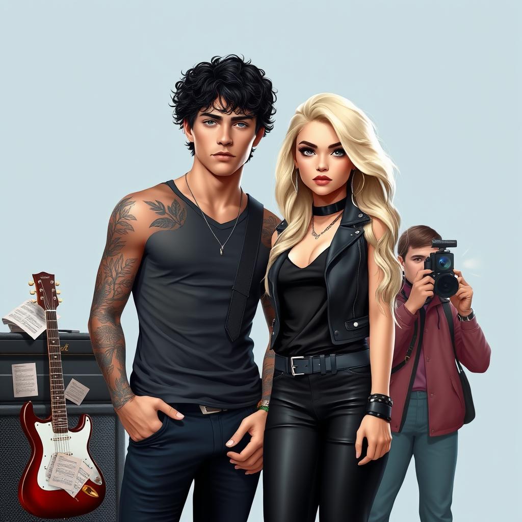A tall male rock star in his 20s with mesmerizing blue eyes and light brown skin, showcasing nature-themed tattoos on his arms