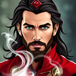 A male version of the Scarlet Witch featuring a handsome face with a well-groomed beard, inspired by the character's magical and mystical aura