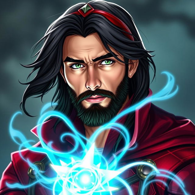 A male version of the Scarlet Witch featuring a handsome face with a well-groomed beard, inspired by the character's magical and mystical aura