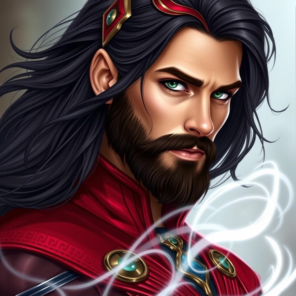 A male version of the Scarlet Witch featuring a handsome face with a well-groomed beard, inspired by the character's magical and mystical aura