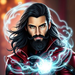 A male version of the Scarlet Witch featuring a handsome face with a well-groomed beard, inspired by the character's magical and mystical aura