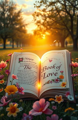 A romantic and whimsical scene depicting an enchanting open book titled 'The Book of Love', with beautifully illustrated pages fluttering in the wind