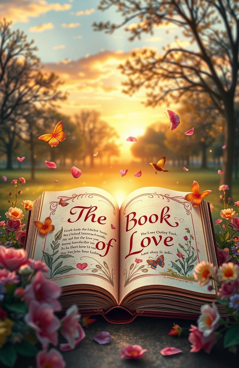 A romantic and whimsical scene depicting an enchanting open book titled 'The Book of Love', with beautifully illustrated pages fluttering in the wind