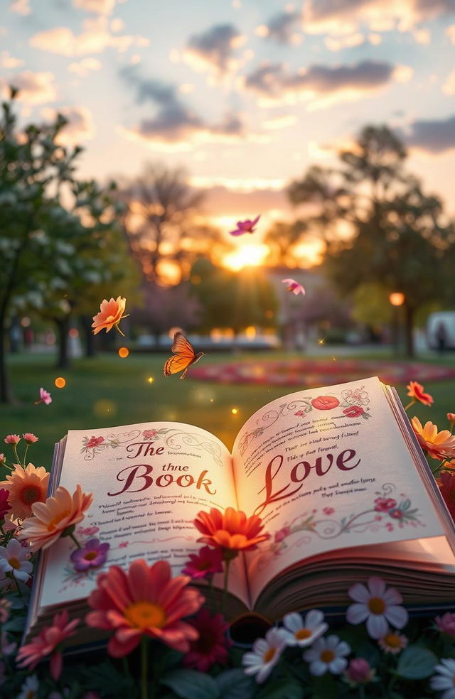 A romantic and whimsical scene depicting an enchanting open book titled 'The Book of Love', with beautifully illustrated pages fluttering in the wind