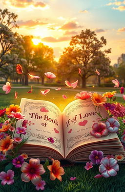 A romantic and whimsical scene depicting an enchanting open book titled 'The Book of Love', with beautifully illustrated pages fluttering in the wind
