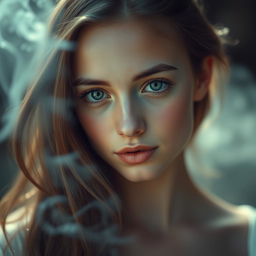 A young woman with a dreamy expression on her face, looking captivating and ethereal