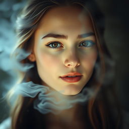A young woman with a dreamy expression on her face, looking captivating and ethereal