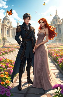 A captivating scene illustrating Kyden Valorik Nobilis, a young nobleman from the Vylonia Empire, standing confidently in a lush, expansive garden adorned with vibrant flowers and intricate stone pathways