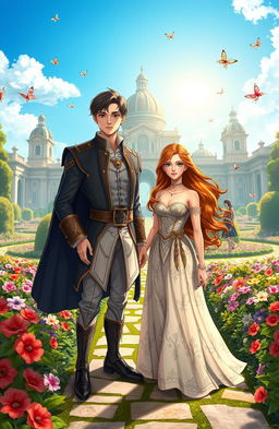 A captivating scene illustrating Kyden Valorik Nobilis, a young nobleman from the Vylonia Empire, standing confidently in a lush, expansive garden adorned with vibrant flowers and intricate stone pathways