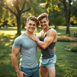 A captivating scene showcasing two muscular twink boyfriends in a warm and inviting environment