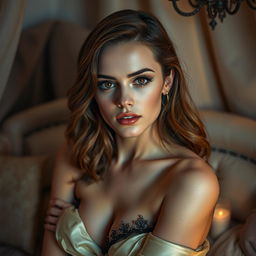 An artistic representation of a glamorous woman resembling Emma Watson, set in an intimate, softly lit environment that conveys a sense of allure and elegance