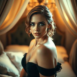 An artistic representation of a glamorous woman resembling Emma Watson, set in an intimate, softly lit environment that conveys a sense of allure and elegance