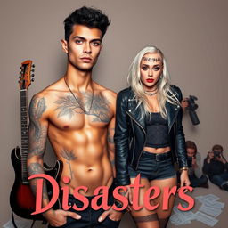 A tall male rock star with captivating blue eyes, light brown skin showcasing intricate nature-themed tattoos, and curly black hair styled in a short shag