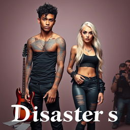 A tall male rock star with captivating blue eyes, light brown skin showcasing intricate nature-themed tattoos, and curly black hair styled in a short shag