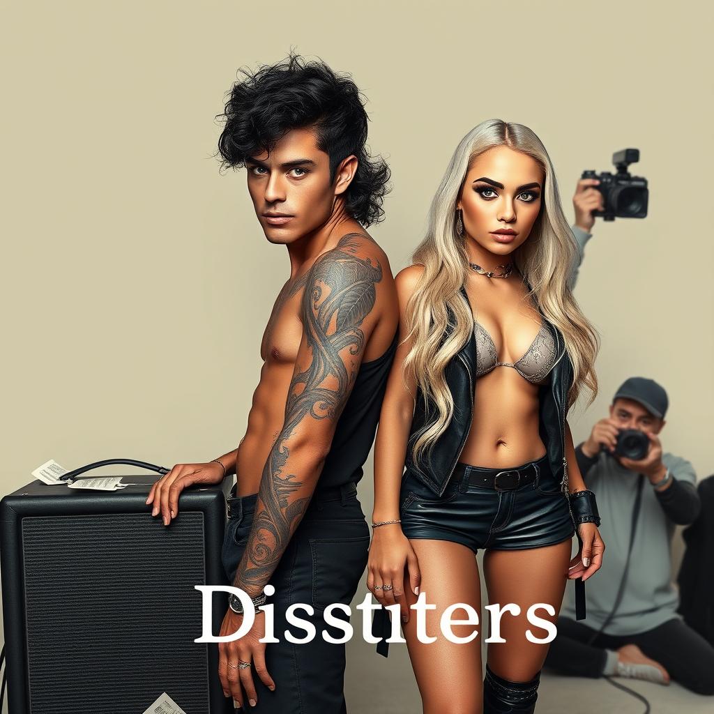 A tall male rock star with captivating blue eyes, light brown skin featuring intricate nature-themed tattoos, and curly black hair cut into a short shag