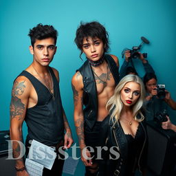 A tall male rock star with captivating blue eyes, light brown skin featuring intricate nature-themed tattoos, and curly black hair cut into a short shag