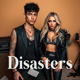 A tall male rock star with captivating blue eyes, light brown skin featuring intricate nature-themed tattoos, and curly black hair cut into a short shag