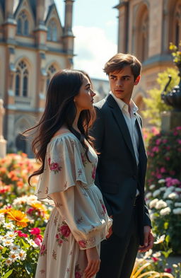 A poignant scene depicting a young man named Kyden Valorik Nobilis, the handsome son of a duke, standing in a sun-dappled garden at the prestigious Vylonia Academy, gazing intently at his childhood friend, Olivia Harper Vylonia