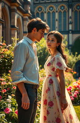 A poignant scene depicting a young man named Kyden Valorik Nobilis, the handsome son of a duke, standing in a sun-dappled garden at the prestigious Vylonia Academy, gazing intently at his childhood friend, Olivia Harper Vylonia