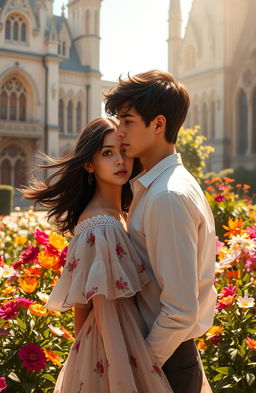 A poignant scene depicting a young man named Kyden Valorik Nobilis, the handsome son of a duke, standing in a sun-dappled garden at the prestigious Vylonia Academy, gazing intently at his childhood friend, Olivia Harper Vylonia