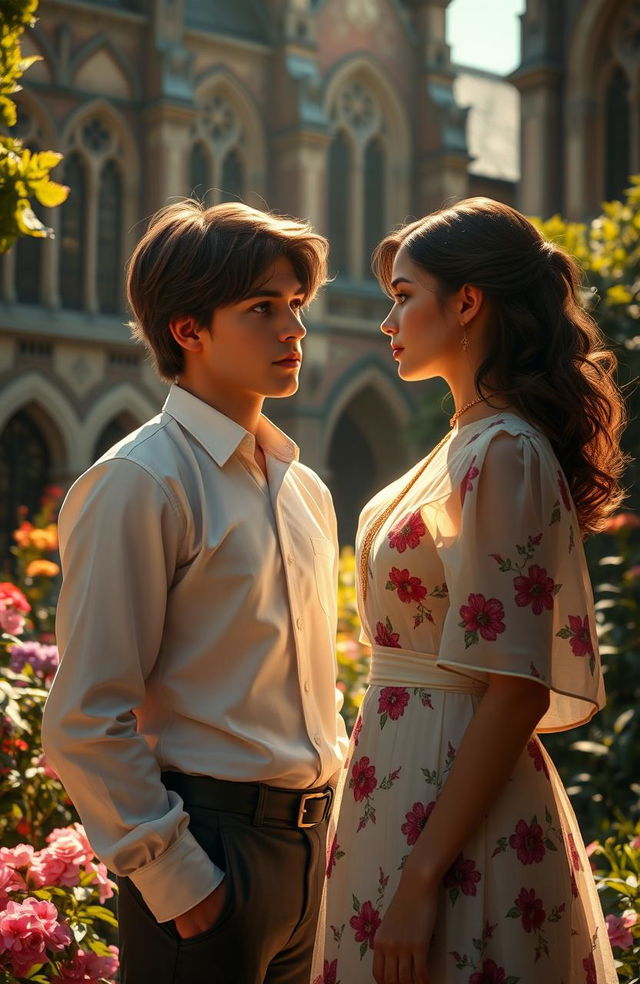 A poignant scene depicting a young man named Kyden Valorik Nobilis, the handsome son of a duke, standing in a sun-dappled garden at the prestigious Vylonia Academy, gazing intently at his childhood friend, Olivia Harper Vylonia