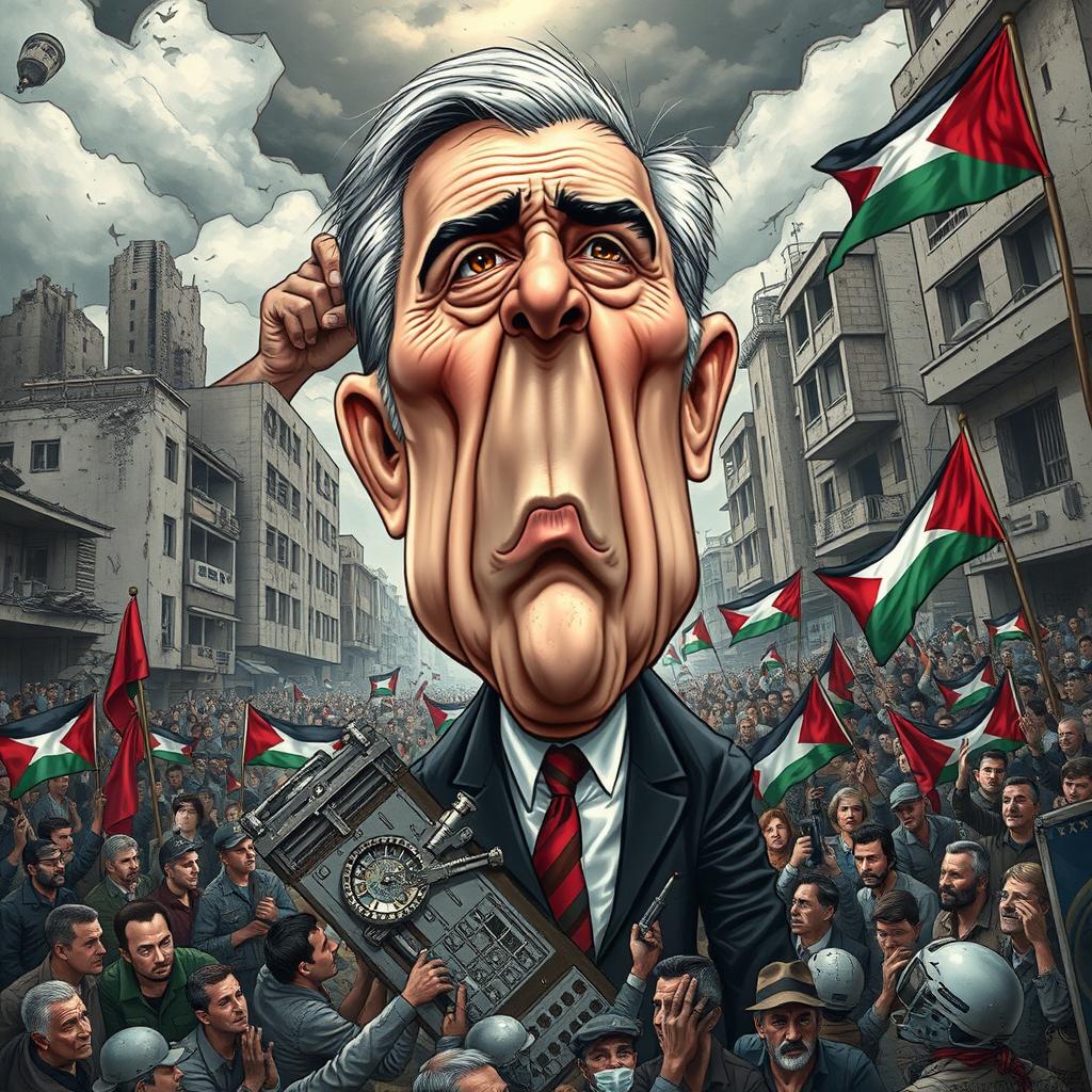 A surreal and dramatic representation of a political cartoon depicting a hypothetical situation with exaggerated caricatures