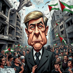 A surreal and dramatic representation of a political cartoon depicting a hypothetical situation with exaggerated caricatures