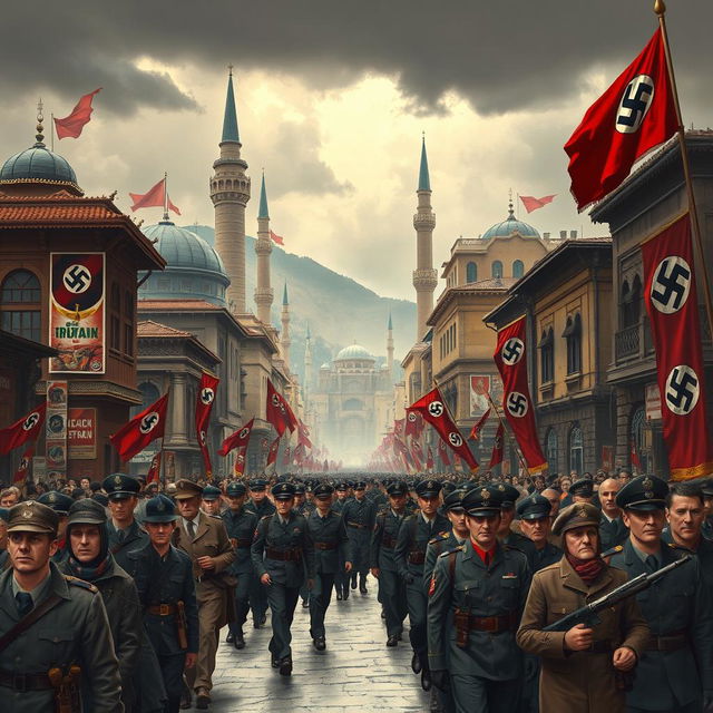 A conceptual depiction of Tehran under Nazi German rule, showcasing an alternate history scenario