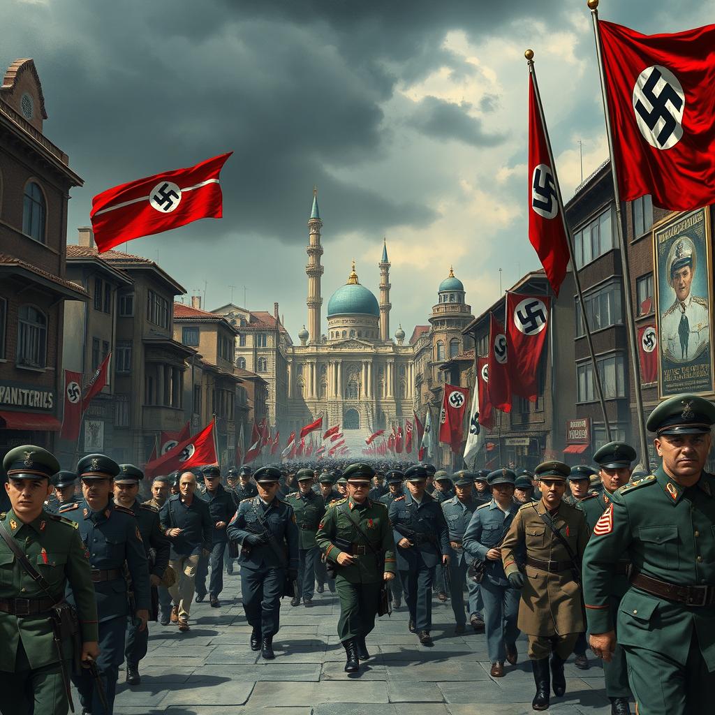 A conceptual depiction of Tehran under Nazi German rule, showcasing an alternate history scenario