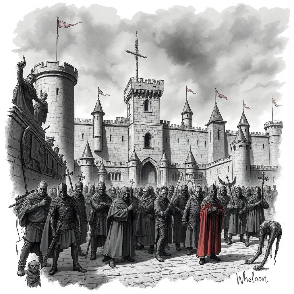 An intricate illustration sketching of Wheloon, the prison-city of Cormyr, depicted as a grim and imposing fortress-like structure surrounded by high walls and dark, foreboding towers