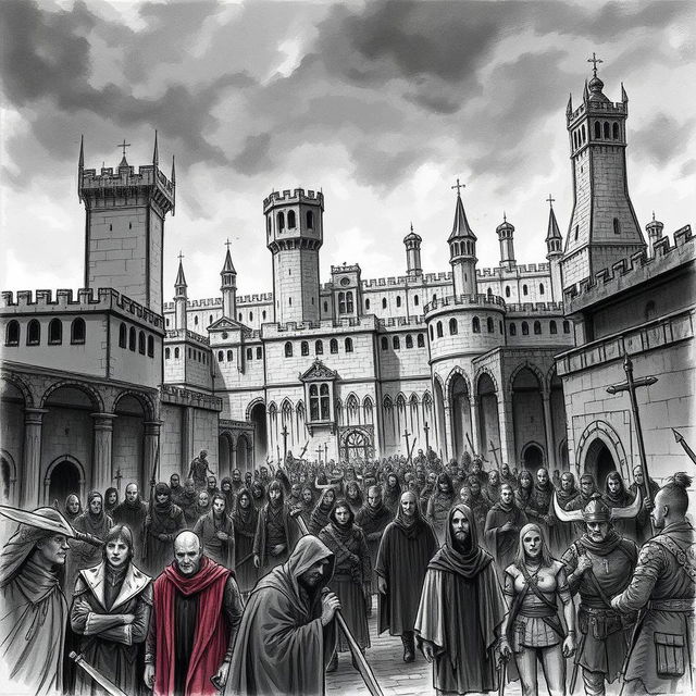 An intricate illustration sketching of Wheloon, the prison-city of Cormyr, depicted as a grim and imposing fortress-like structure surrounded by high walls and dark, foreboding towers