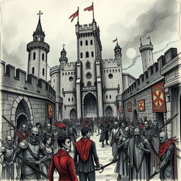 An intricate illustration sketching of Wheloon, the prison-city of Cormyr, depicted as a grim and imposing fortress-like structure surrounded by high walls and dark, foreboding towers