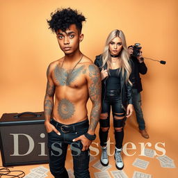 A tall male rock star with captivating blue eyes, light brown skin adorned with nature-themed tattoos, and curly black hair styled in a short shag